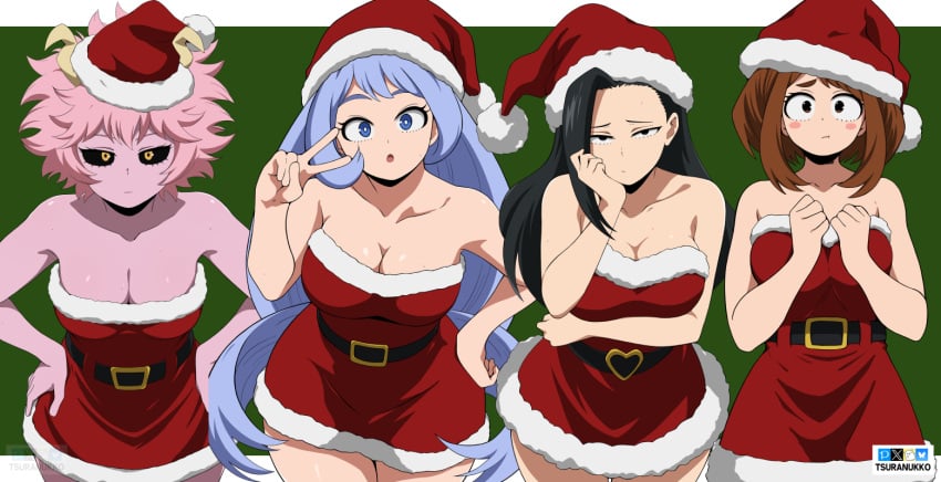 4girls big_breasts black_eyes black_hair black_sclera blue_eyes blue_hair breasts female female_only long_hair looking_at_viewer medium_hair mina_ashido momo_yaoyorozu my_hero_academia navel nejire_hado ochako_uraraka peace_sign pink_hair pink_skin santa_costume santa_hat short_hair thick_thighs tsuranukko watermark yellow_eyes