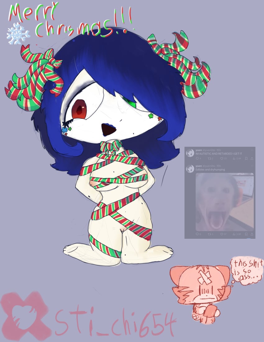 :d artist_logo artist_self-insert big_breasts blue_lipstick christmas christmas_outfit coochiesex45 hair_over_one_eye kneeling looking_at_viewer meme_in_the_background nipple_peek oc pussy_peek ribbon ribbon_bondage ribbon_choker ribbon_in_hair ribbons sti_chi654 text this_shit_is_so_ass twitter_username visual_kei whipply