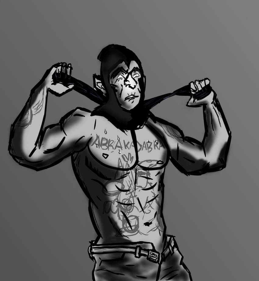 1boy abs gigachad_(meme) male_only meme merasmus monochrome muscles muscular older_male solo_male sweat sweatdrop team_fortress_2 wizard