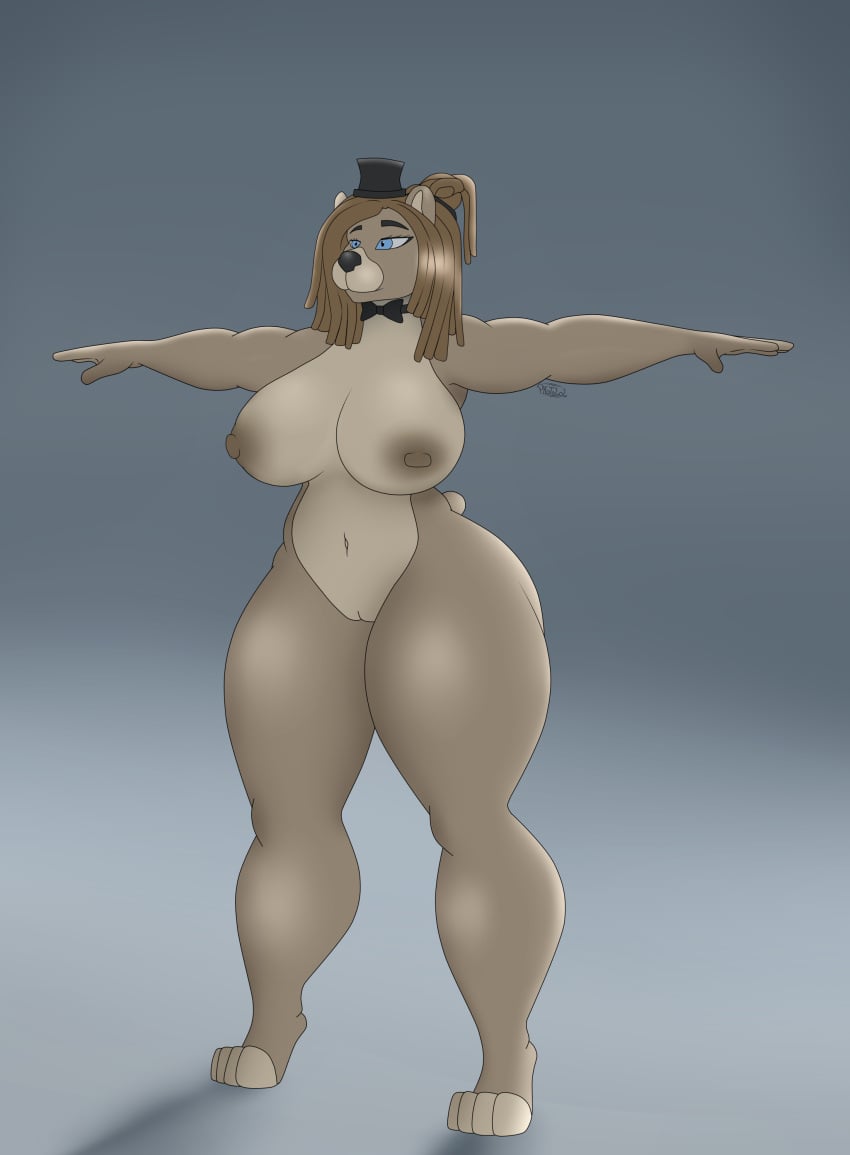 absurd_res anthro ass bear big_breasts big_butt blue_eyes bow_ribbon breasts clothing dreadlocks female five_nights_at_freddy's freddy_(fnaf) headgear headwear hi_res la-fredda_(photolol.03) mammal nude photolol.03 scottgames simple_background solo t-pose thick_thighs wide_hips