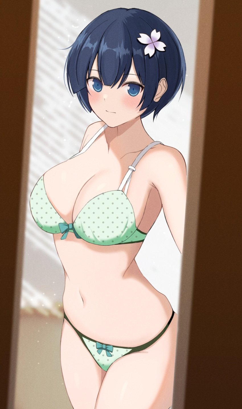 armpit_crease bare_armpits bare_arms bare_belly bare_chest bare_hands bare_hips bare_legs bare_midriff bare_navel bare_shoulders bare_skin bare_thighs blue_eyebrows blue_eyes blue_eyes_female blue_hair blue_hair_female blunt_bangs blush blush blush_face blushed_face blushing_at_viewer blushing_face blushing_female bow bow_bra bow_panties bowl_cut bra breasts busty busty_female busty_girl cleavage collarbone curvaceous curvaceous_body curvaceous_female curvaceous_figure curvaceous_hips curvaceous_thighs curvy curvy_body curvy_female curvy_figure curvy_hips curvy_thighs door doorway exposed_armpits exposed_arms exposed_belly exposed_chest exposed_hips exposed_legs exposed_midriff exposed_navel exposed_shoulders exposed_skin exposed_thighs fair_skin female female_naked flower flower_hair_ornament flower_in_hair flower_on_head green_bra green_panties green_underwear groin hair_flower hair_ornament half_naked half_nude indoor indoor_nudity indoors large_breasts light-skined_female light-skinned light-skinned_female light_skin light_skin_female light_skinned light_skinned_female looking_at_viewer naked naked_female naked_woman navel nude nude_female nudity opening_door panties partially_naked polka_dot polka_dot_bra polka_dot_panties pov_doorway semi_nude senran_kagura senran_kagura_shinovi_versus short_hair skindentation smooth_skin solo standing surippa1010 underwear underwear_only yozakura_(senran_kagura)