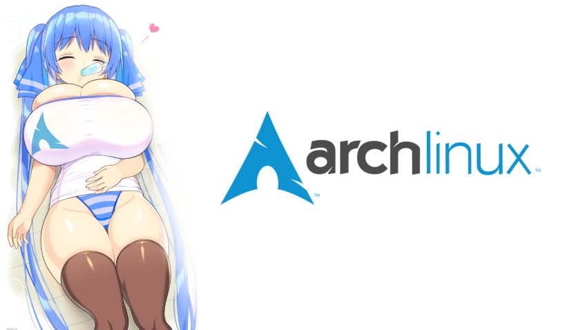 1girls arch_girl arch_linux asleep blue_hair blue_panties cute desktop_wallpaper edit edited edited_image female huge_breasts hyper_breasts linux panties riko_(shuz) shortstack shuz_(dodidu) sleeping solo_female striped_panties twintails wallpaper young