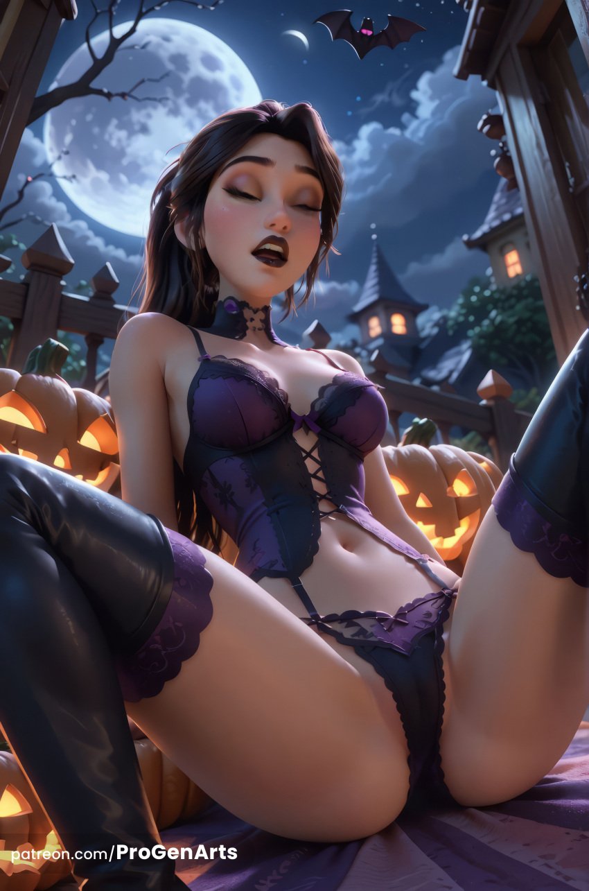 1girls ai_generated artist_name bat_\(animal\) black_thighhighs breasts brown_hair bustier choker closed_eyes corset eyeshadow full_moon halloween hi_res jack-o'-lantern jurassic_park jurassic_world jurassic_world_camp_cretaceous jurassic_world_chaos_theory lingerie lips long_hair makeup medium_breasts moon navel netflix night nose open_mouth outdoors panties patreon_logo patreon_username ponytail progenarts pumpkin purple_panties sitting sky solo spread_legs thighhighs tree underwear watermark web_address yasmina_fadoula_(jurassic_world)