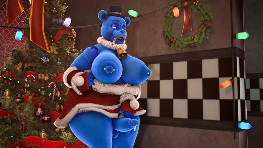 3d animatronic bear bodily_fluids breasts christmas christmas_clothing clothing costume deskai digital_media_(artwork) erection five_nights_at_freddy's freddy_(fnaf) genital_fluids gynomorph hi_res holiday_dressed holidays intersex machine mammal nipple_piercing nipples piercing precum robot santa_costume scottgames source_filmmaker_(artwork)