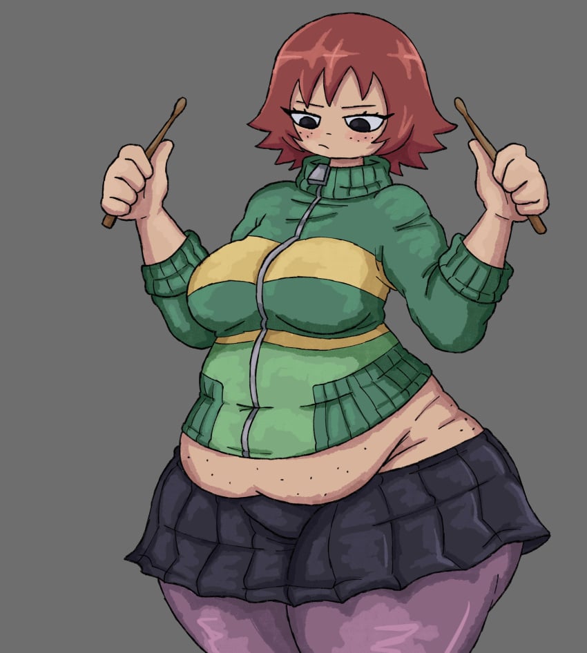 1girls 5_fingers belly belly_overhang breasts chubby chubby_female clothed exposed_midriff eyelashes fat freckles ginger holding_object jacket kim_pine muffin_top navel_outline overweight red_hair rottingmosu scott_pilgrim skirt slight_blush stomach thick_thighs voluptuous