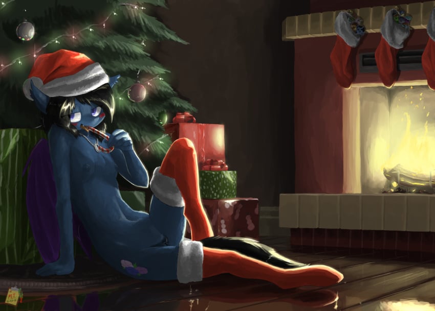 2015 anthro bat blush breasts candy candy_cane candy_cane_in_mouth christmas christmas_clothing christmas_tree clothing dessert equid equine female fireplace food genitals hasbro holidays horse ipomoea_(oc) leggings legwear looking_at_viewer mammal mostly_nude my_little_pony nipples nude plant pony pussy seductive small_breasts solo the-minuscule-task tree