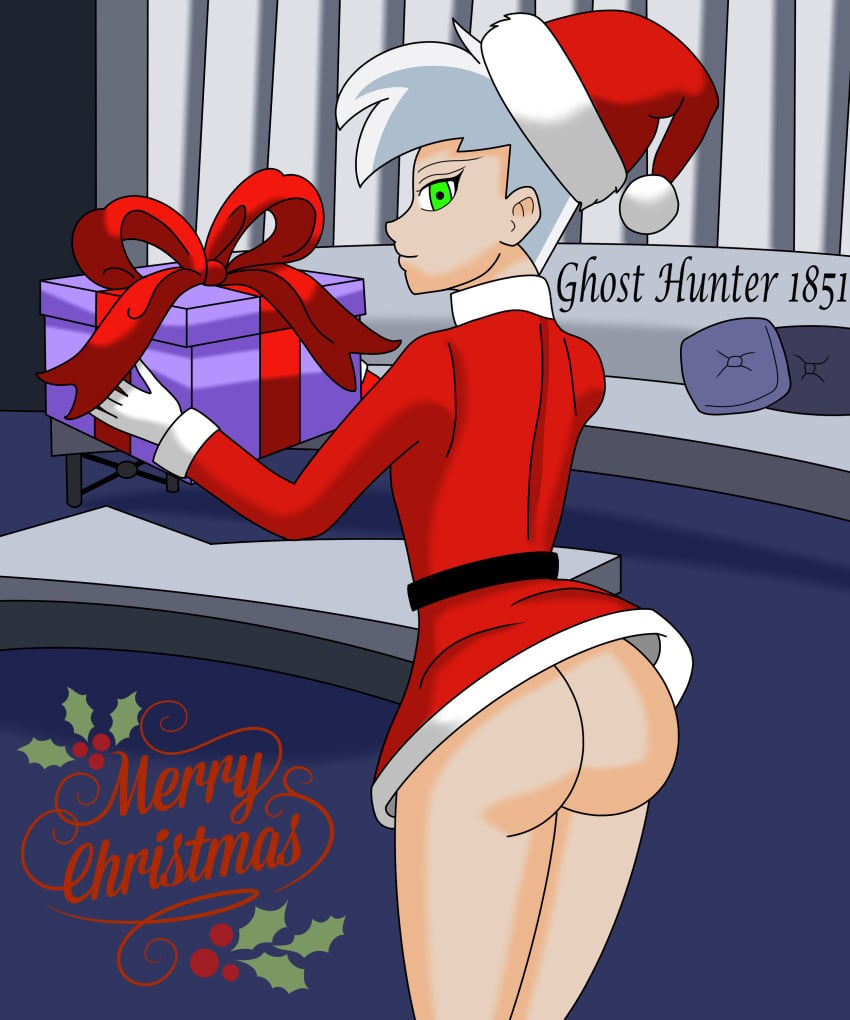 1boy androgynous big_ass bottomless bubble_ass bubble_butt crossdressing danny_fenton danny_phantom femboy ghosthunter1851(artist) green_eyes looking_at_viewer miniskirt nickelodeon nicktoons otoko_no_ko presenting_butt santa_costume santa_hat side_view thick thick_ass thick_thighs white_hair