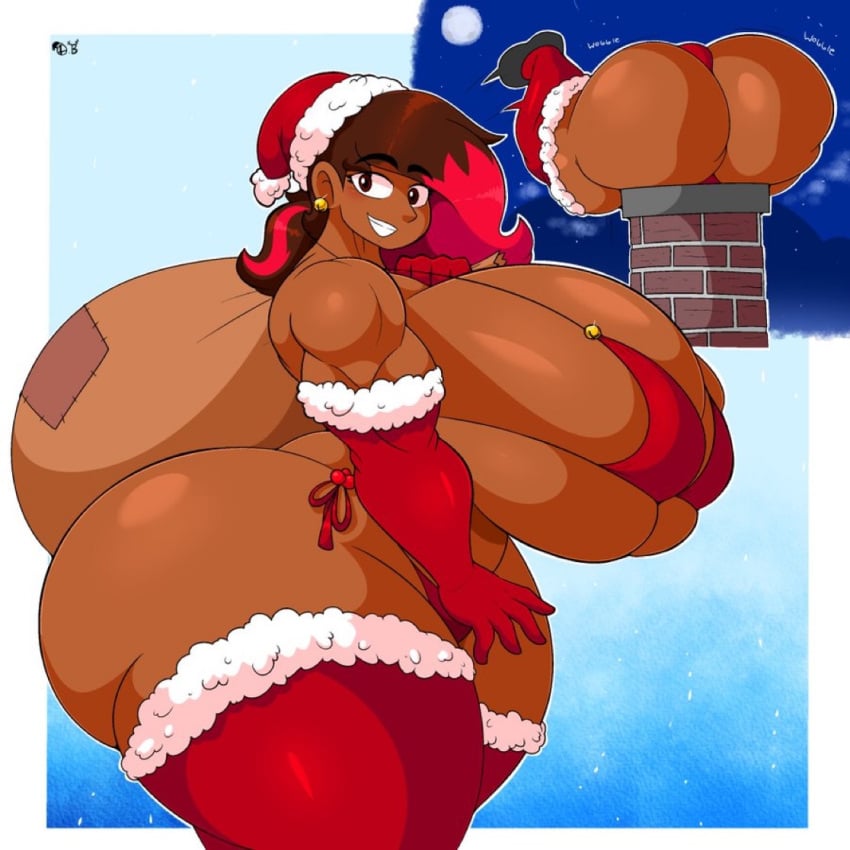 bells brown_hair brown_skin ear_piercing ear_ring earrings meggy_(omegabrawl) moon muscular muscular_arms muscular_female muscular_thighs night_time nighttime oc omegabrawl original_character red_clothing red_dye sack santa_bikini santa_hat stuck stuck_in_chimney stuck_in_object thighhighs