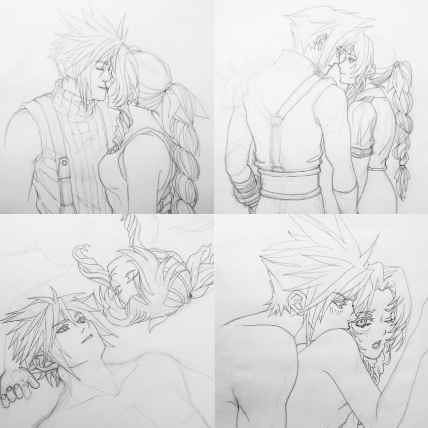 1boy 1girls aerith_gainsborough braid cloud_strife face-to-face female final_fantasy final_fantasy_vii hugging_from_behind implied_sex kissing long_hair making_out male male/female shirtless sleeveless spiky_hair straight suggestive suggestive_pose traditional_art traditional_media_(artwork)