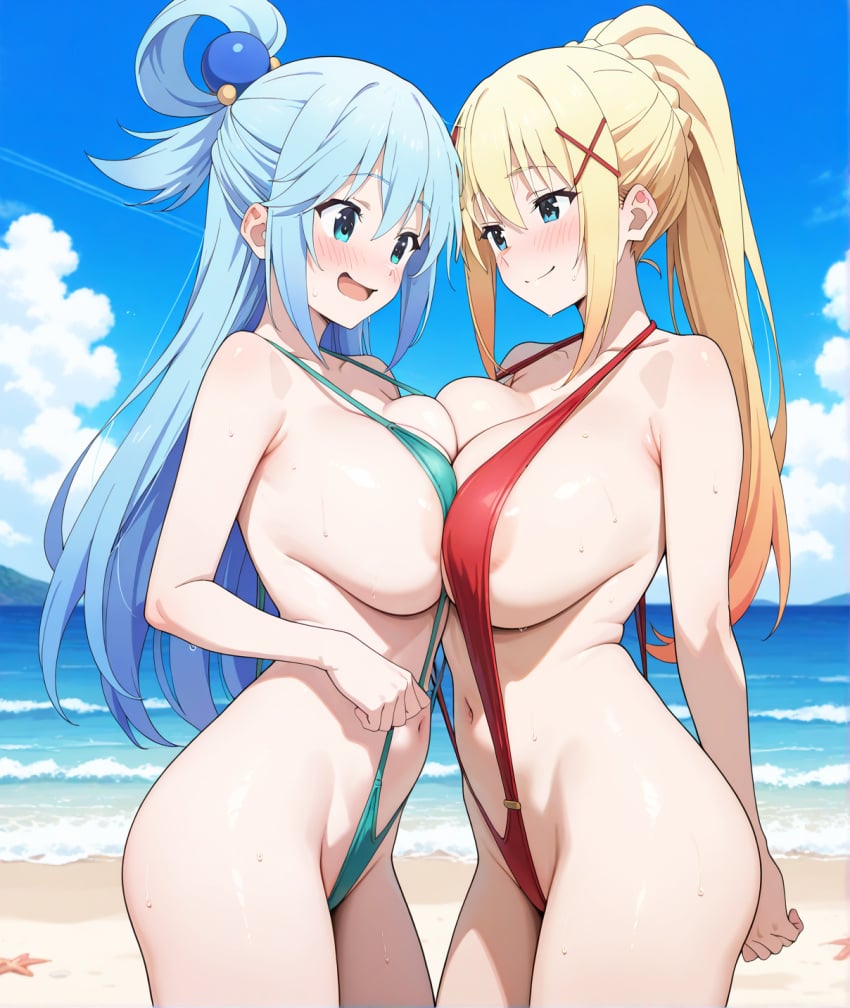 2girl ai_generated aqua_(konosuba) areola_slip asymmetrical_docking beach big_breasts bikini blonde_hair blue_eyes blue_hair blush breast_press breasts darkness_(konosuba) duo female female_only kono_subarashii_sekai_ni_shukufuku_wo! large_breasts long_hair outdoors ponytail slingshot_swimsuit standing sweat swimsuit x_hair_ornament