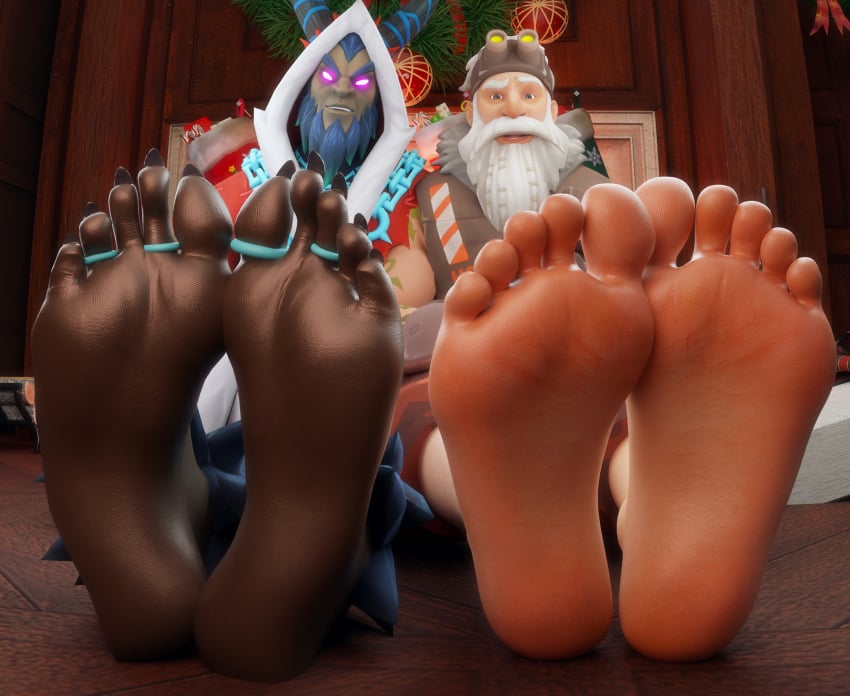 2boys 3d 3d_(artwork) barefoot beard big_feet christmas christmas_present christmas_stocking christmas_wreath clothed clothed_male dark_blue_fur demon facial_hair feet feet_together fireplace foot_fetish foot_focus fortnite fortnite:_battle_royale gay glowing_eyes horns krampus krampus_(fortnite) looking_at_viewer male male_only mouth_open mrgtsfloop old_man older_male open_mouth ornament ornaments present presenting presenting_feet sgt_winter_(fortnite) sharp_nails sharp_toenails tattoo tattooed_arm toe_ring toe_rings white_hair winterfest wreath