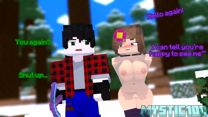 bulge bulge_in_pants dialog dialogue jenny_belle_(slipperyt) mine-imator minecraft mystic100 mystic_(mystic100) nude nude_female nudity talking talking_to_another