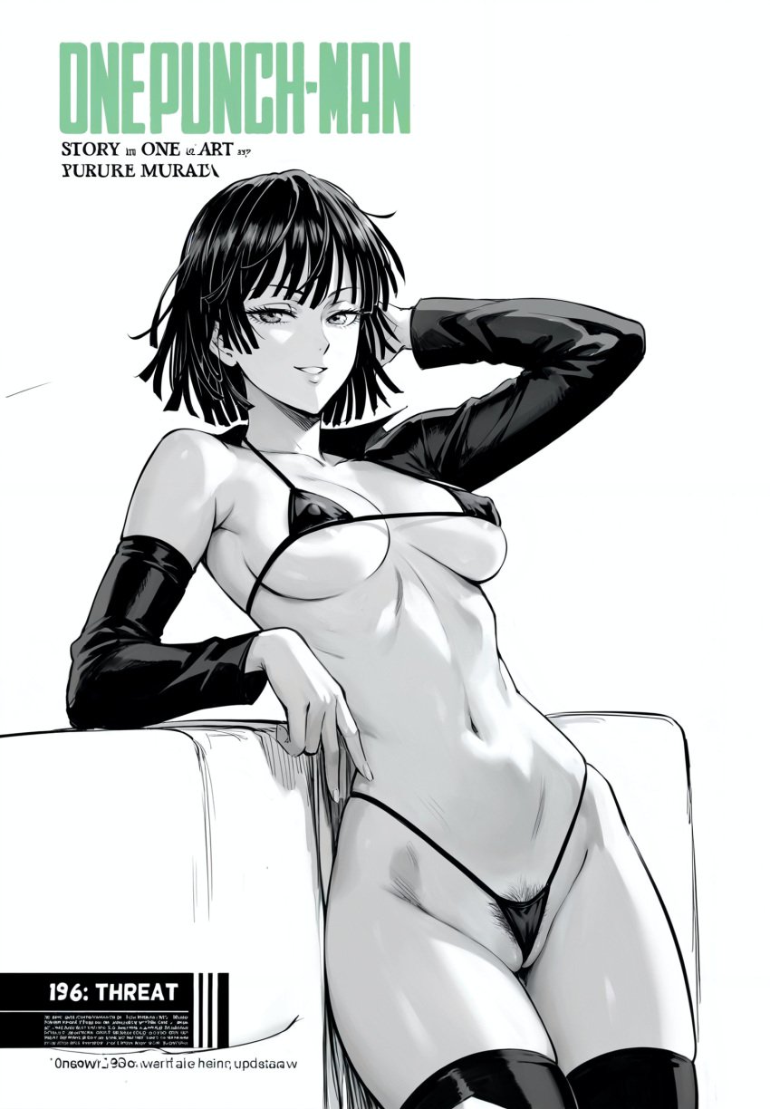 1girl fubuki_(one-punch_man) greyscale henrychrist micro_bikini monochrome one-punch_man pubic_hair thighhighs