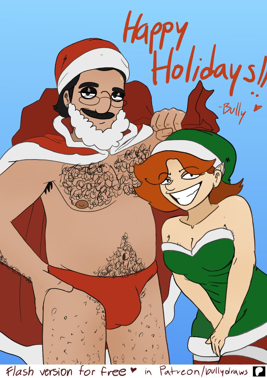 bully_draws clothing elf elf_ears ginger hair hairy lewd sally_cinnamon santa_costume santa_hat tagme thong