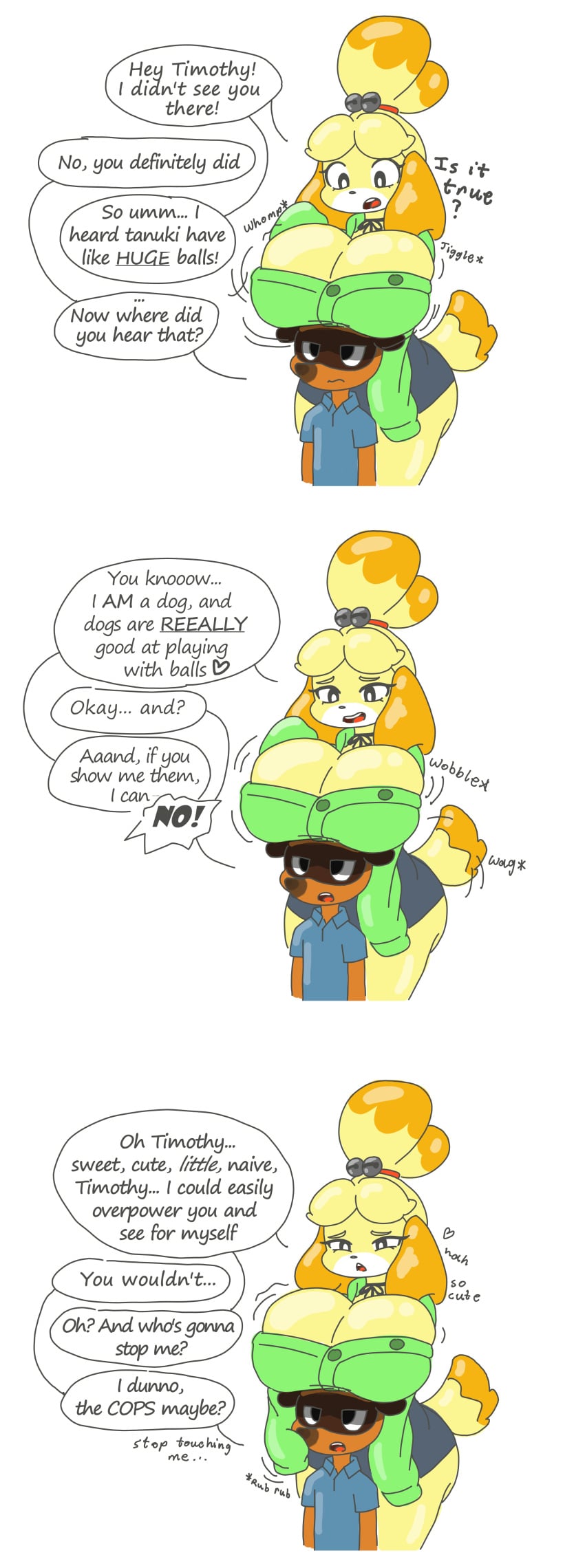 animal_crossing anthro big_ass big_breasts big_butt boobhat bouncing_breasts breasts_on_head canid canine canis chocolatetophie cleavage cleavage_overflow deleted deleted_in_source domestic_dog female furry huge_ass huge_breasts huge_butt isabelle_(animal_crossing) multiple_pages questionable_consent raccoon_dog sequence tagme tanuki teasing tight_clothing timmy_nook undersized_clothes wobbling_breasts