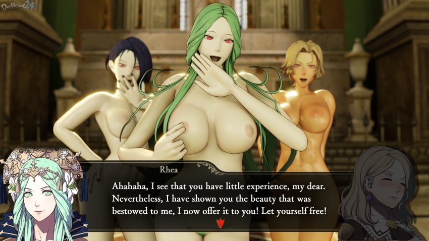 3d 3girls abs altar alternate_eye_color armpits bare_arms bare_midriff bare_shoulders bare_thighs blonde_hair blue_hair blue_nails breast_hold catherine_(fire_emblem) church collarbone completely_nude corruption covering_mouth crossed_legs dark-skinned_female dark_skin dochaunt24 english_text evil_smile exhibitionism female female_only female_pubic_hair femdom femsub fence fire_emblem fire_emblem:_three_houses gesture grabbing_own_breast green_hair green_nails hand_on_own_hip huge_breasts indoors inviting inviting_to_sex large_breasts laugh long_hair looking_at_viewer looking_to_the_side medium_breasts midriff mind_control multiple_girls nail_polish navel nintendo nipple_tweak nipples nude nude_female offering open_mouth orange_nails pale-skinned_female pale_skin pillar ponytail pubic_hair public public_nudity pussy red_eyes rhea_(fire_emblem) self_fondle shamir_nevrand short_hair shoulders slave smile solo_focus standing sub_dominating_sub text text_box thighs tongue tongue_out tricked uncensored very_long_hair voyeur voyeurism watching window yuri