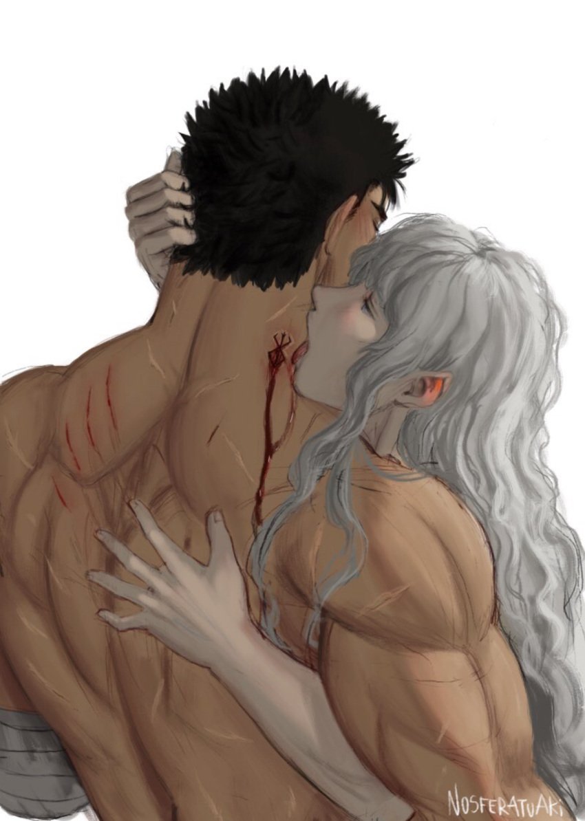 2boys akistrike berserk blood gay griffith_(berserk) gripping_hair guts_(berserk) licking licking_blood licking_neck naked naked_male pulling_hair scar scars scars_all_over scratches_on_back sensual white_hair yaoi