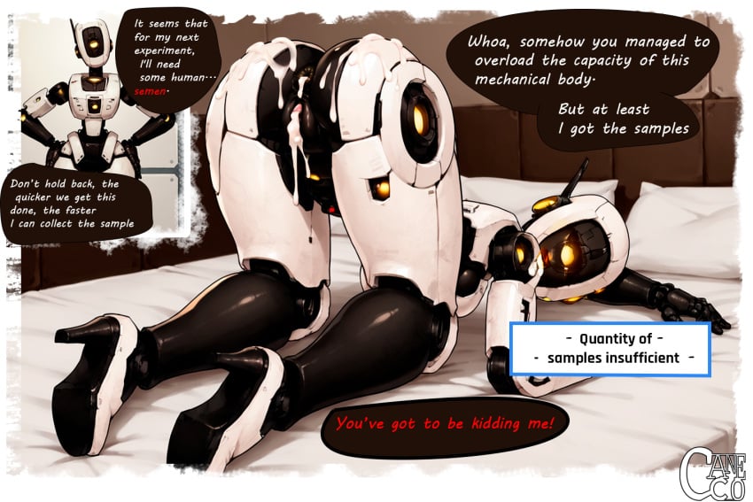 after_sex after_vaginal ai_generated ass_up c4n3c0 comic_page cum_in_pussy cum_inside dialogue english_text face_down_ass_up female glados glados_(humanoid) heels on_bed portal_(series) portal_2 portal_sex robot robot_girl robot_humanoid robot_joints talking_to_viewer text valve