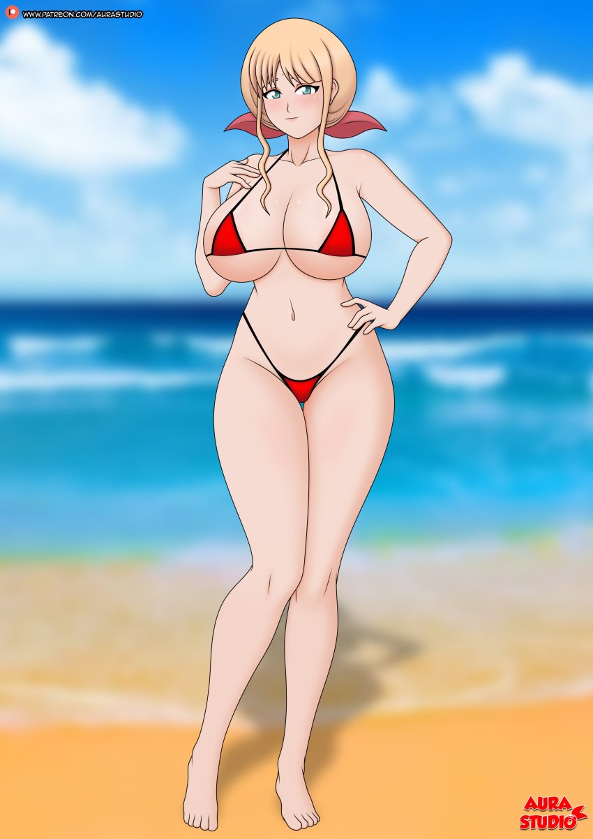 1girls absurd_res absurdres alternate_costume aurastudio bare_shoulders barefoot beach bikini blonde_hair blue_eyes blush blushing_at_viewer blushing_female character_request cleavage collarbone female female_focus female_only good_end hand_on_hip happy_female huge_breasts imminent_hug male_pov married_woman milf navel original original_character patreon patreon_logo patreon_username red_bikini smile solo solo_female solo_focus summer thick_thighs thong thong_bikini tight_bikini unbothered voluptuous voluptuous_female watermark wholesome wholesome_end wide_hips