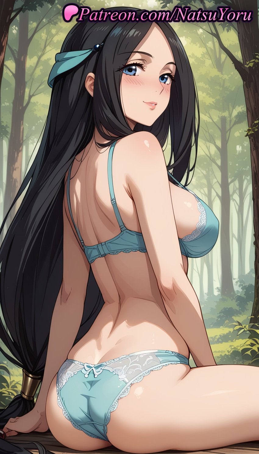 1girls ai_generated anime anime_style aqua_bra aqua_panties asian ass back bangs bare_arms bare_shoulders black_hair blue_bra blue_eyes blue_panties blush bra breasts bust busty closed_mouth day dimples_of_venus female female_focus female_only female_solo forehead forest from_behind green_bra green_panties hair_ornament hentai juicy_butt lace-trimmed_panties large_breasts lingerie lips long_hair looking_at_viewer looking_back low-tied_long_hair median_furrow natsuyoru nature oshiri outdoors panties pantsu parted_bangs parted_lips sadeena shoulder_blades sideboob sitting smile solo solo_female strap_gap tate_no_yuusha_no_nariagari the_rising_of_the_shield_hero thighs tree underwear underwear_only very_long_hair voluptuous voluptuous_female