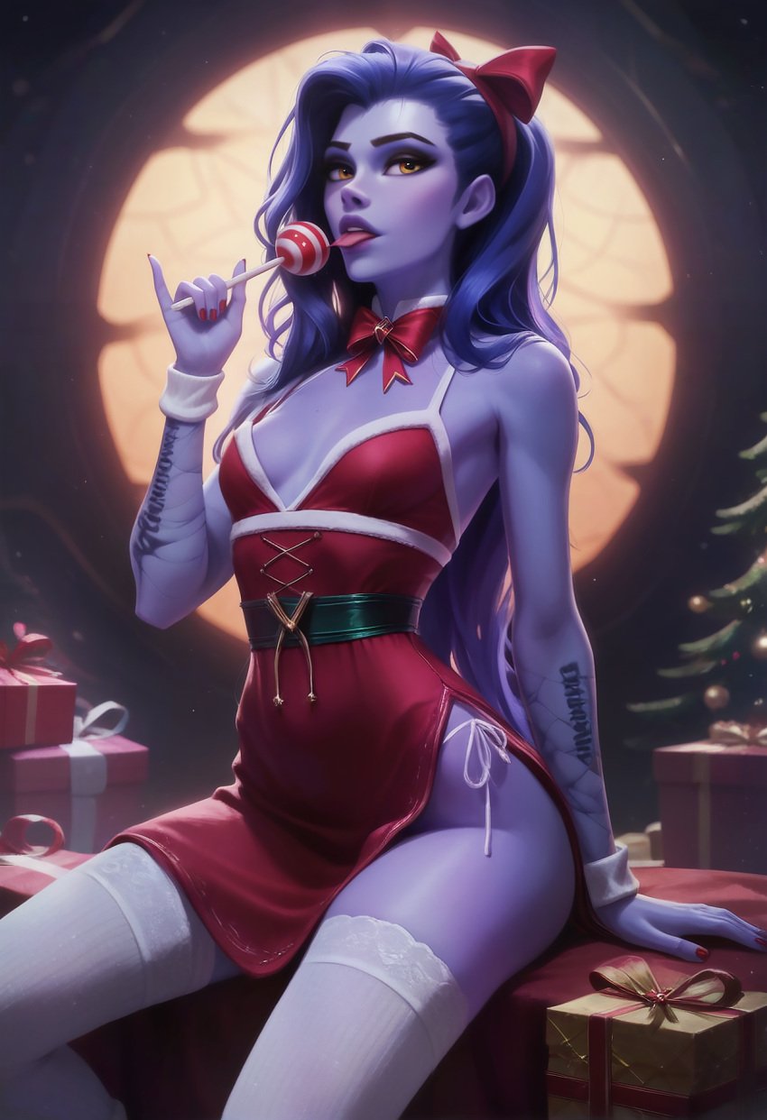 1girls 3d ai_generated bow candy fit_female licking lingerie looking_at_viewer overwatch ragen ragen_nsfw ribbon saliva_trail santa_costume seductive seductive_look seductive_smile solo solo_female thighhighs widowmaker