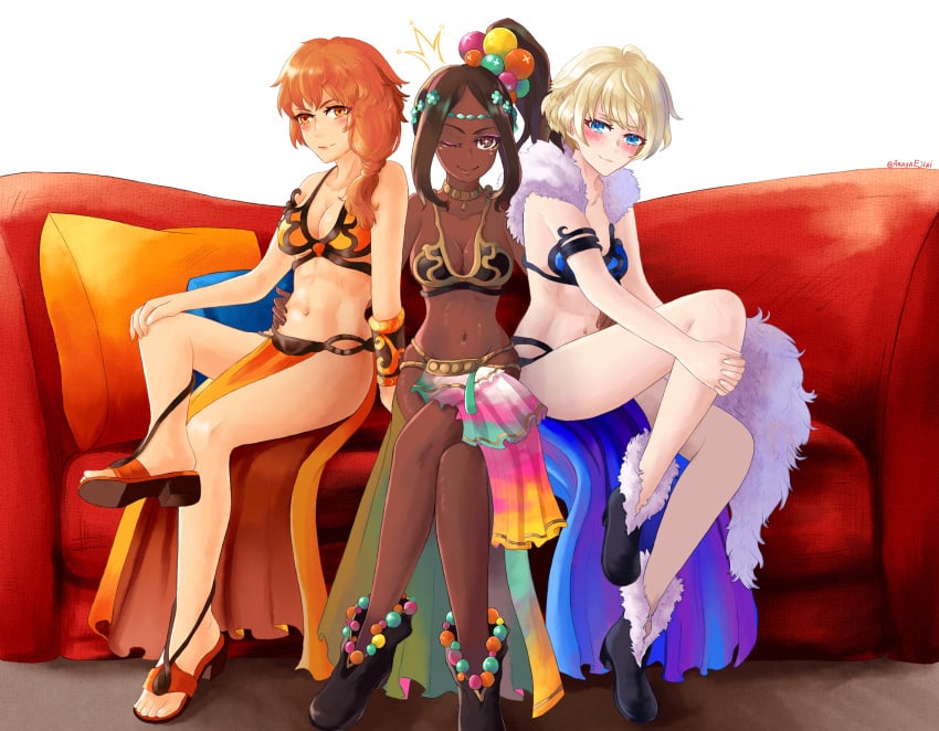 3girls dark-skinned_female fire_emblem fire_emblem:_three_houses fire_emblem_engage leonie_pinelli light-skinned_female medium_breasts merrin_(fire_emblem) nintendo timerra_(fire_emblem)