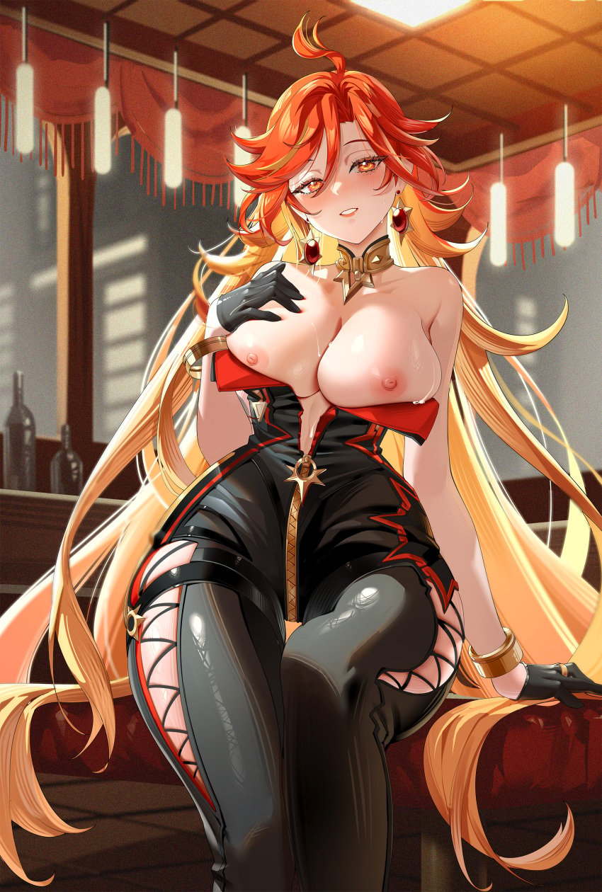 absurdres bare_shoulders black_bikesuit black_gloves breasts breasts_out cross-laced_slit detached_collar earrings female genshin_impact gloves grabbing_own_breast hand_on_own_chest highres indoors jewelry kururu_(qqqqq59508750) large_breasts long_hair looking_at_viewer mavuika_(genshin_impact) multicolored_hair nipples orange_eyes orange_hair orange_pupils red_eyes red_hair sitting smile solo sunburst_iris sunglasses thighs two-tone_hair very_long_hair