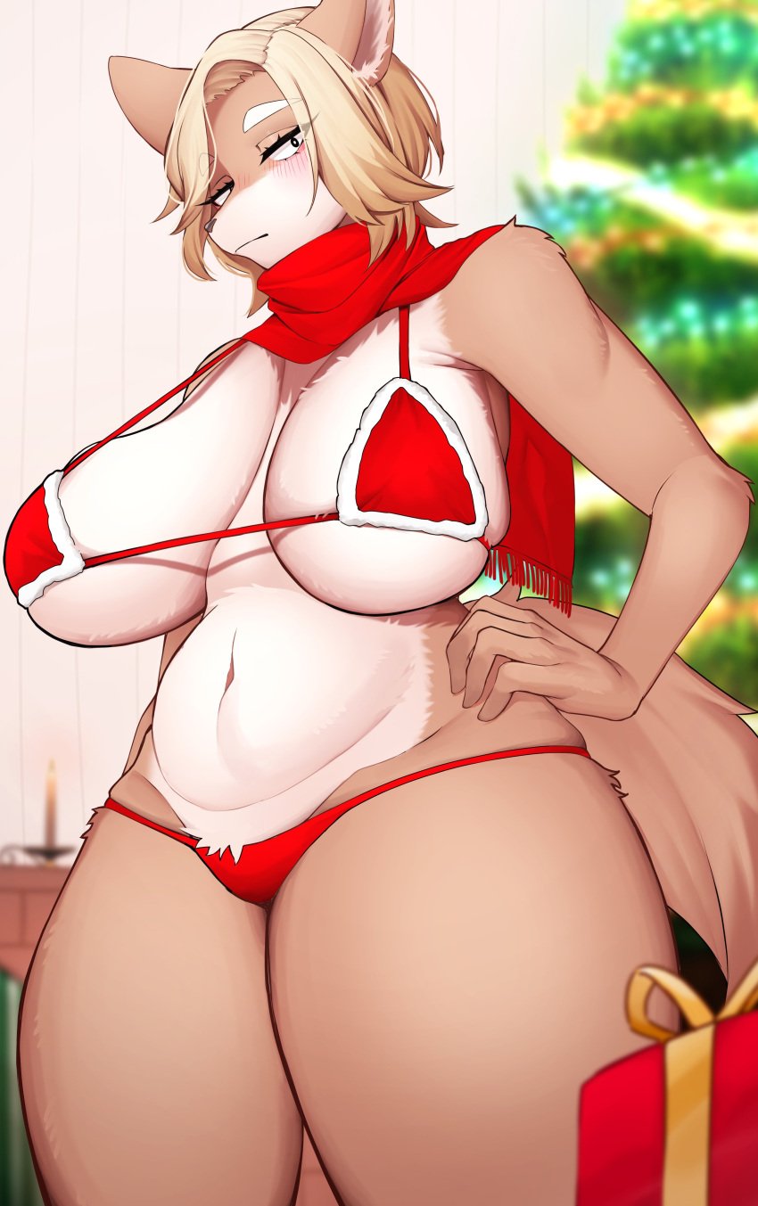 1girls anthro breasts christmas christmas_outfit cleavage denyfake female female_focus female_only fur furry holidays tail