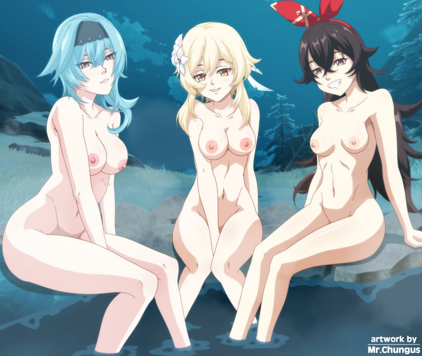 3girls amber_(genshin_impact) blonde_hair blue_hair breast_size_difference brown_hair completely_nude completely_nude_female eula_(genshin_impact) flower_in_hair genshin_impact lumine_(genshin_impact) mrchungus multiple_girls naked onsen partially_submerged sitting smiling_at_viewer tagme