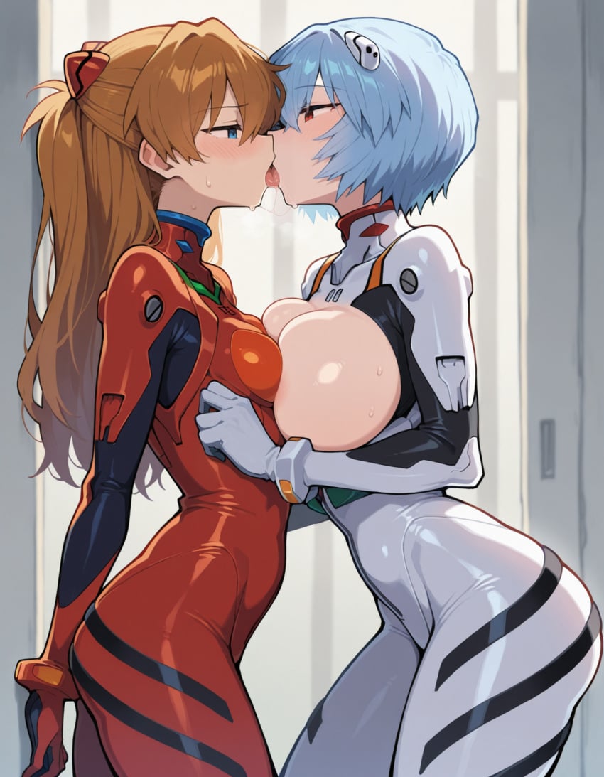 2girls against_wall ai_generated asuka_langley_sohryu asymmetrical_docking blue_eyes blue_hair blush bodysuit breasts french_kiss goonedoutp3rv hair_ornament huge_breasts kissing long_hair looking_at_another neon_genesis_evangelion orange_hair plugsuit red_eyes rei_ayanami short_hair side_view small_breasts tongue twintails yuri