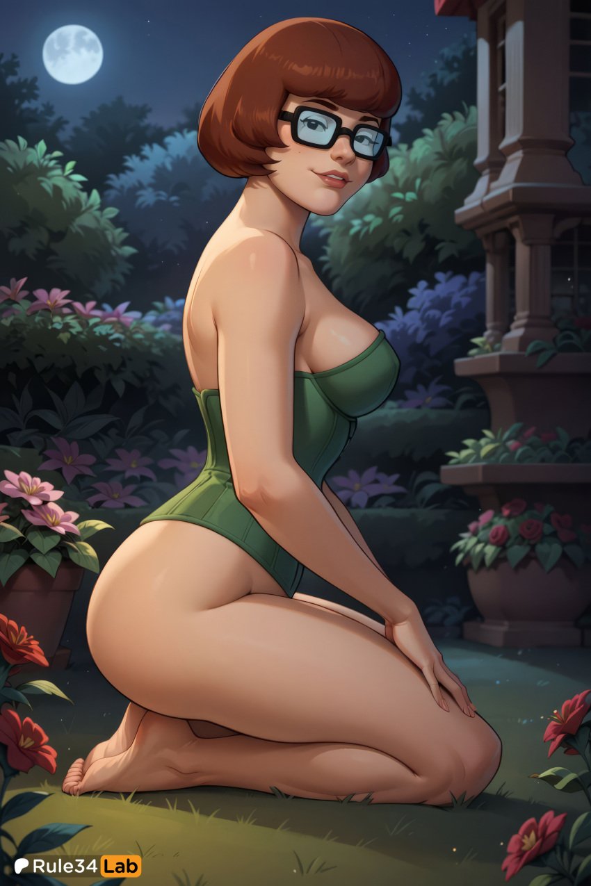 1girls ai_generated artist_name bare_shoulders barefoot black-framed_eyewear breasts brown_hair cartoon_network feet flower from_side full_body full_moon glasses green_leotard hanna-barbera hi_res kneeling leotard lips looking_at_viewer medium_breasts moon night night_sky outdoors parted_lips plant red_flower rule34lab scooby-doo seiza short_hair sitting sky smile solo star_\(sky\) strapless strapless_leotard thighs toes velma_dinkley warner_brothers