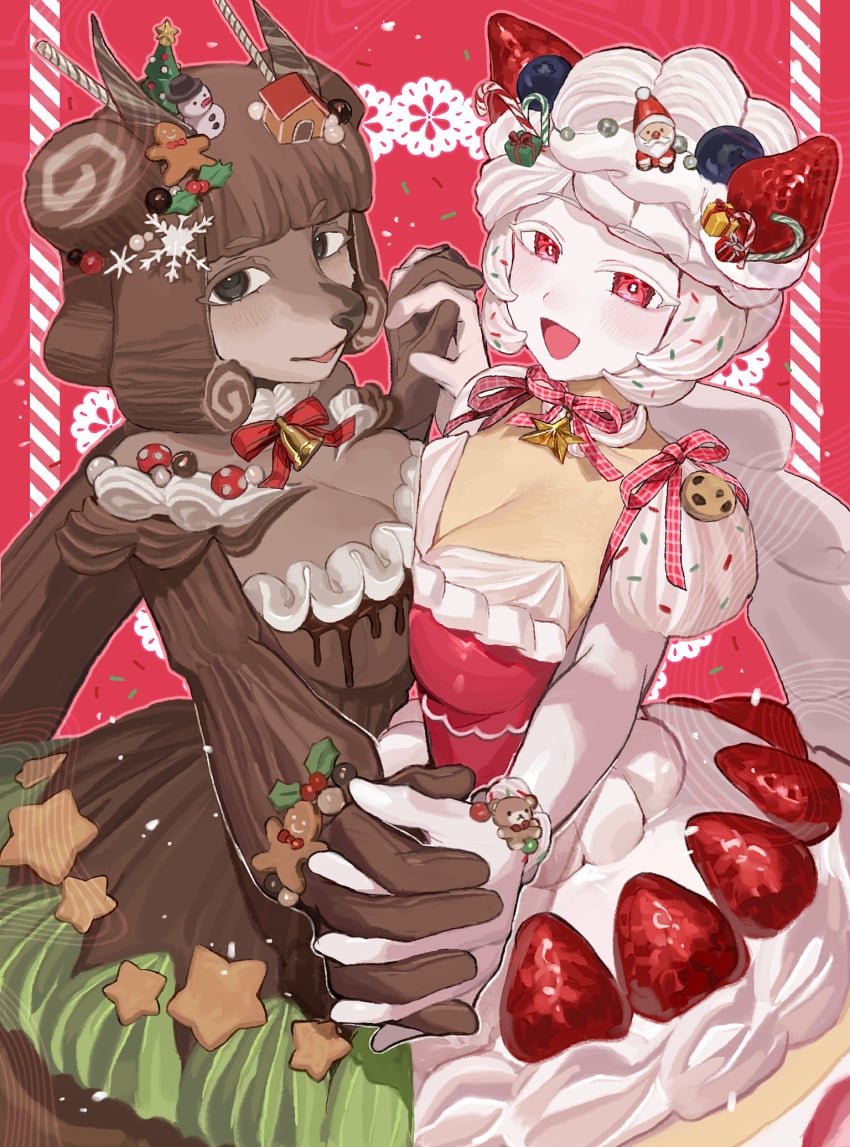 2girls big_breasts black_eyes brown_hair christmas dress horns huge_breasts humanoid long_hair oc oc_(sakoku) pink_eyes pink_hair ponytail red_eyes ribbon sakoku smile star sweets white_hair white_skin