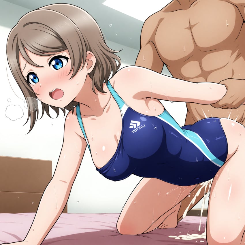 1boy ai_generated ass bed bedroom blue_eyes brown_hair competition_swimsuit female love_live! love_live!_sunshine!! one-piece_swimsuit sex short_hair swimsuit watanabe_you