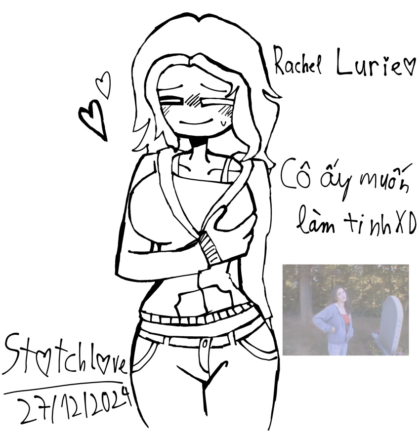 blush blushing busty busty_female colorless grabbing_own_breast horny horny_female jacket_partially_removed rachel_lurie reference_image sketch solo solo_female stotchlove vietnamese_text watermark what zero_day