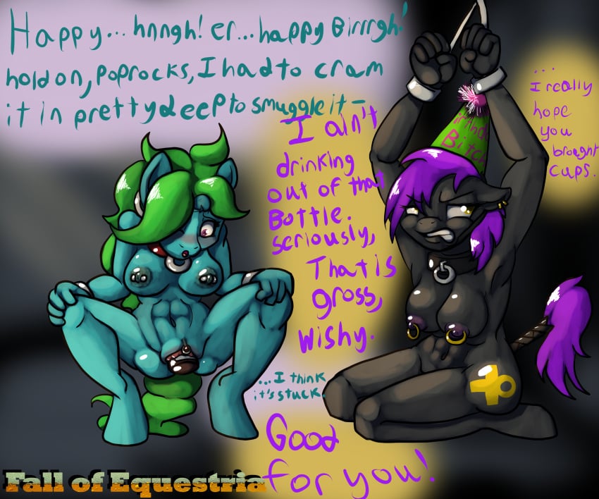 2015 abs anthro anthrofied birthday bottle bound breasts brown_eyes clexyoshi clitoris clitoris_piercing collar crouching cutie_mark dialogue duo english_text equine fall_of_equestria fan_character female genital_piercing gold green_hair hair hat horn horse kneeling mammal my_little_pony navel nipples nude party_hat penetration piercing pony purple_hair pussy shackles slave tail_wrap text unicorn vaginal_penetration vaginal_penetration wishy_washy