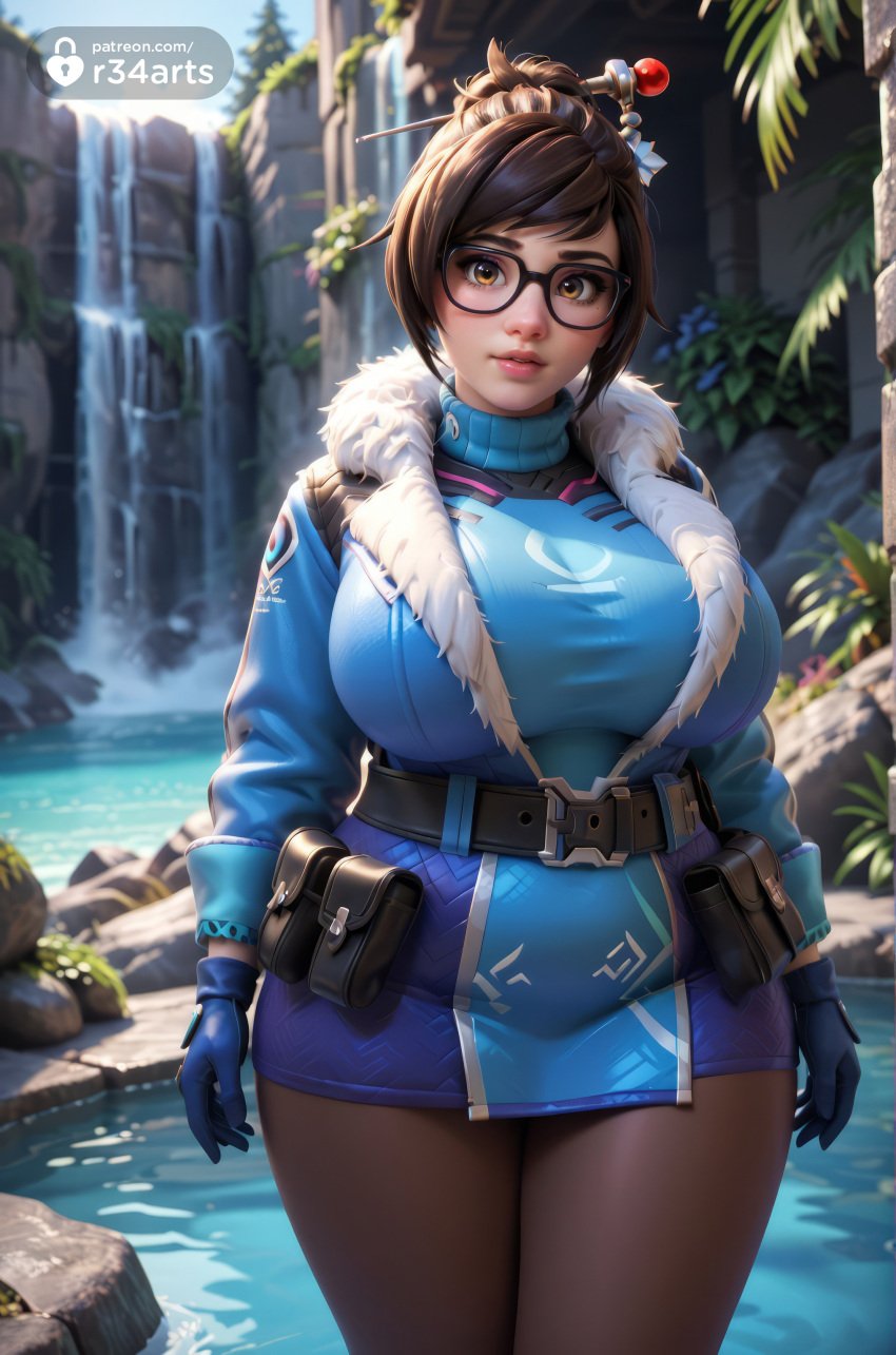 1girls ai_generated artist_name belt belt_pouch black-framed_eyewear blizzard_entertainment blue_gloves breasts brown_hair coat curvy fur_trim glasses gloves hair_bun hair_ornament hair_stick hi_res huge_breasts jacket large_breasts lips looking_at_viewer mei_(overwatch) nose overwatch overwatch_2 pantyhose parka r34arts short_hair single_hair_bun solo thick_thighs thighs utility_belt water waterfall