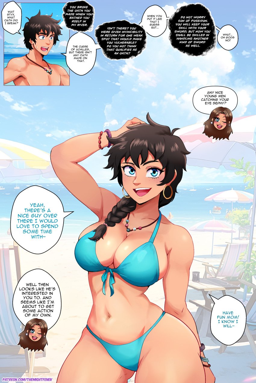 beach big_breasts bikini curvy earrings genderswap_(mtf) greek_mythology hoop_earrings mtf_transformation percy_jackson percy_jackson_and_the_olympians text themightfenek