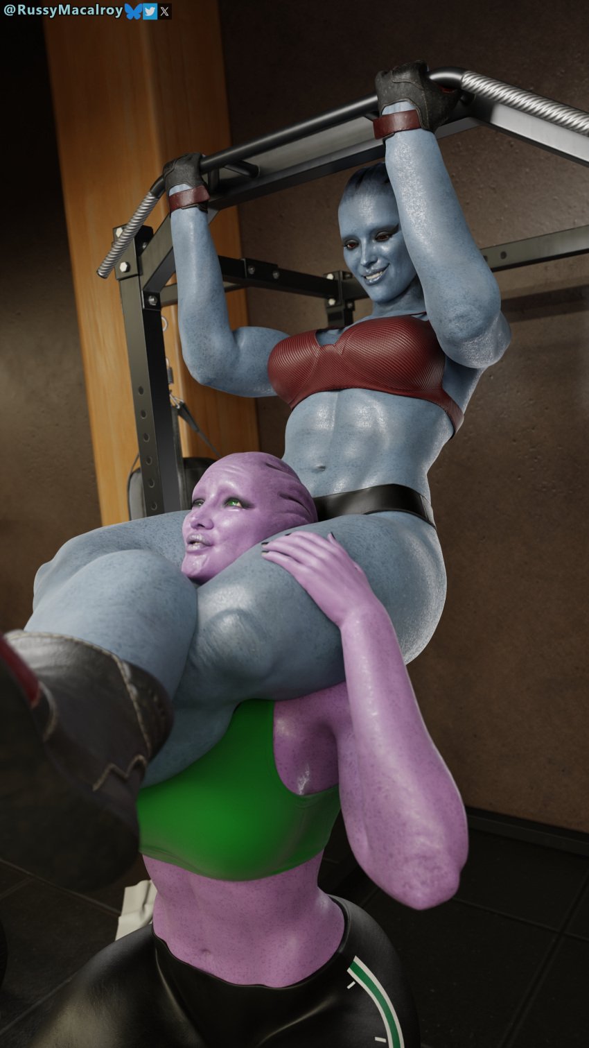 2girls abs asari blue_skin gym mass_effect muscular_female muscular_thighs pink_skin russymacalroy smiling tagme thighs workout_clothes