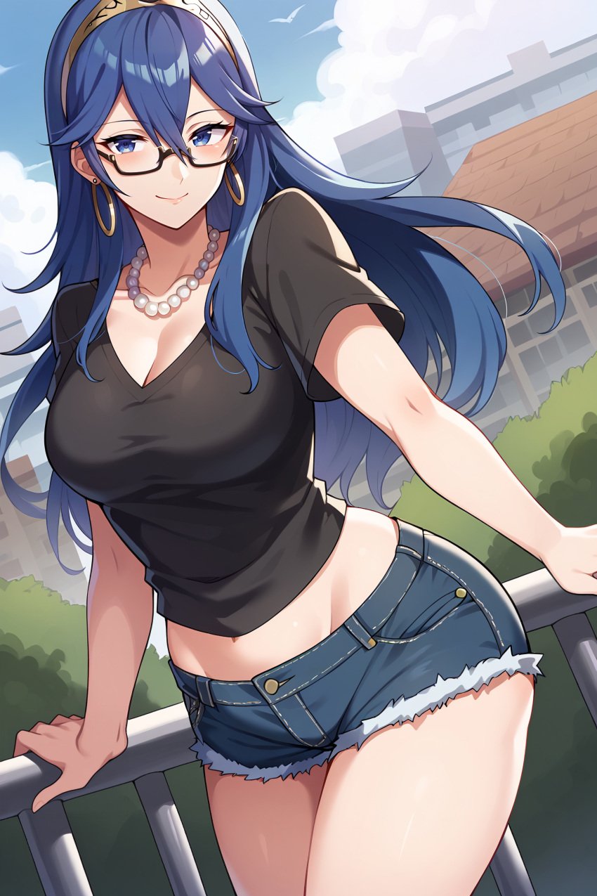 ai_generated allya big_breasts big_cleavage black_topwear blue_eyes blue_hair cleavage daisy_dukes earrings fire_emblem glasses hands_on_railing hotpants large_breasts large_earrings legs long_blue_hair looking_at_viewer lucina_(fire_emblem) pearl_necklace railing short_pants slim_waist smiling smiling_at_viewer thick_legs thick_thighs thighs tiara tight_clothing tight_topwear