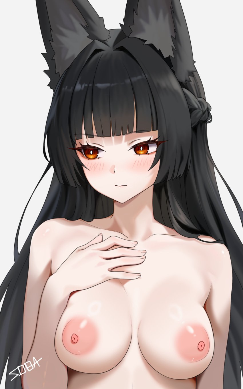 black_hair blush breasts fox_ears fox_girl hoshimi_miyabi looking_away nipples pale_skin red_eyes soba11_(artist) zenless_zone_zero