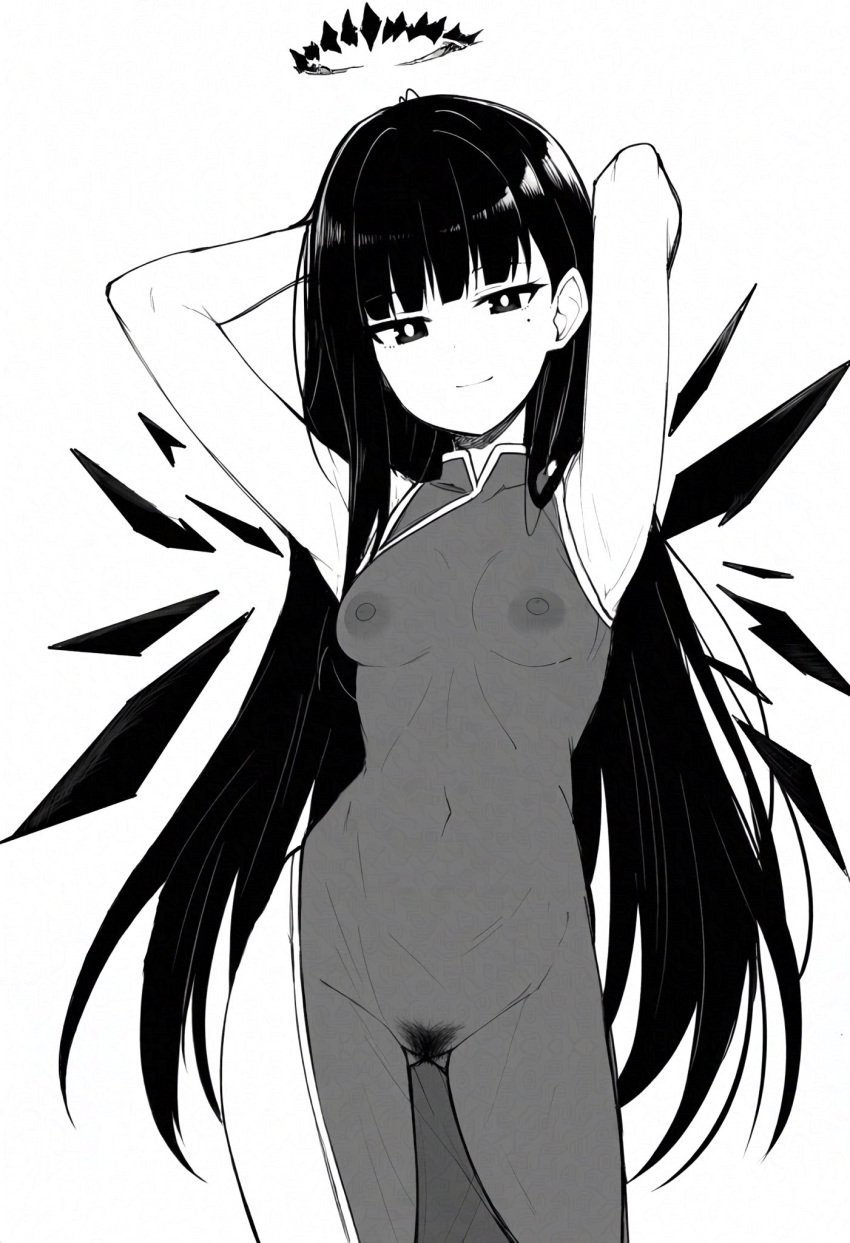 adversarial_noise alternate_costume arknights arms_up ass_visible_through_thighs breasts china_dress chinese_clothes closed_mouth commentary_request cowboy_shot dress female female_pubic_hair greyscale halo highres long_hair looking_at_viewer makigirisu medium_breasts mole mole_under_eye monochrome nipples pubic_hair see-through_clothes see-through_dress side_slit sleeveless sleeveless_dress smile solo standing virtuosa_(arknights)