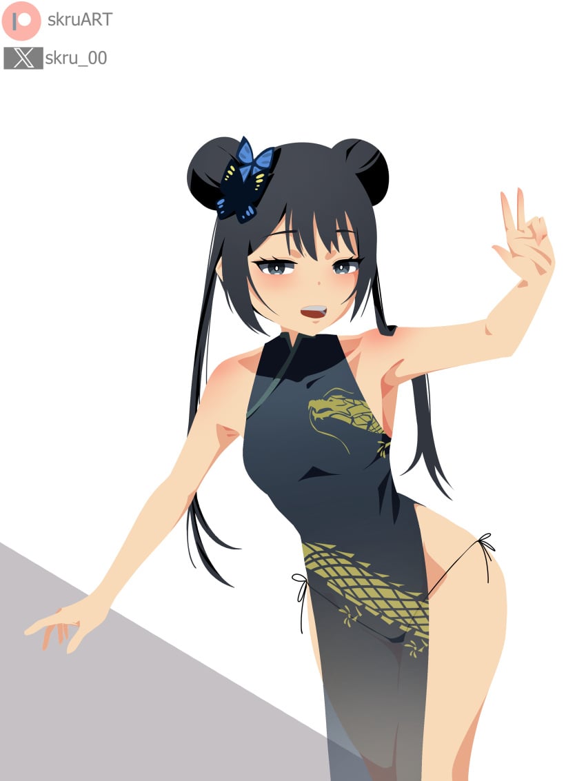 anime_girl black_hair blue_archive butterfly_hairpin character_portrait chinese_dress commission confident_expression digital_art dragon_design elegant_aesthetic fanart hand_gesture kisaki_(blue_archive) leg_focus light_skin long_hair minimal_background monochrome_background patreon peace_sign playful_pose side_slit simple_shading skru stylized_art traditional_outfit twin_buns winking_pose