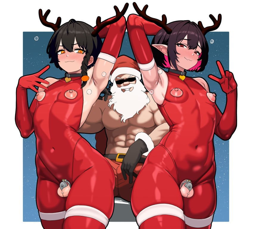 3boys absurdres armpits bare_shoulders black_hair chastity_cage choker christmas femboy flat_chastity_cage hat highres horns latex leotard multiple_boys navel original red_eyes santa_hat skin_tight thigh_strap wuni wuni_(dkadireks_6974) yellow_eyes zettai_ryouiki