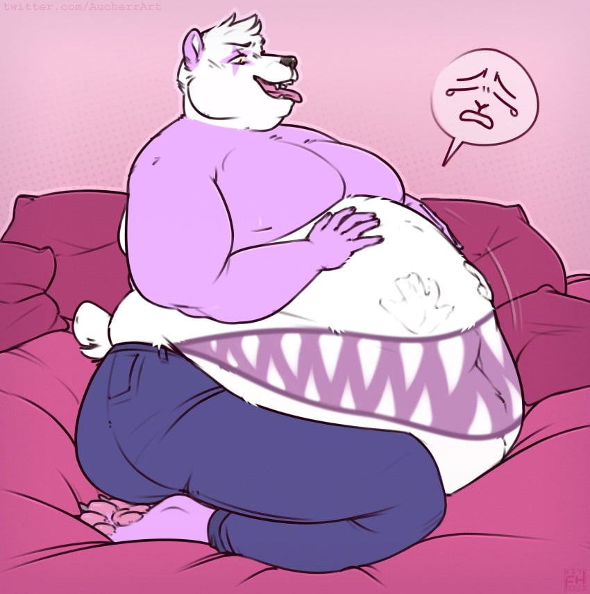 2023 anthro aucherr bear bed belly belly_rub big_belly blue_bottomwear blue_clothing blue_pants bottomwear claws clothing fujioshi_(norman6321ify) fur furniture giant_panda hair hi_res male mammal markings moobs on_bed open_mouth overweight overweight_male pants pawpads paws pillow purple_body purple_fur short_hair sitting sitting_on_bed solo star_(marking) tail teeth tongue tongue_out vore white_body white_fur white_hair