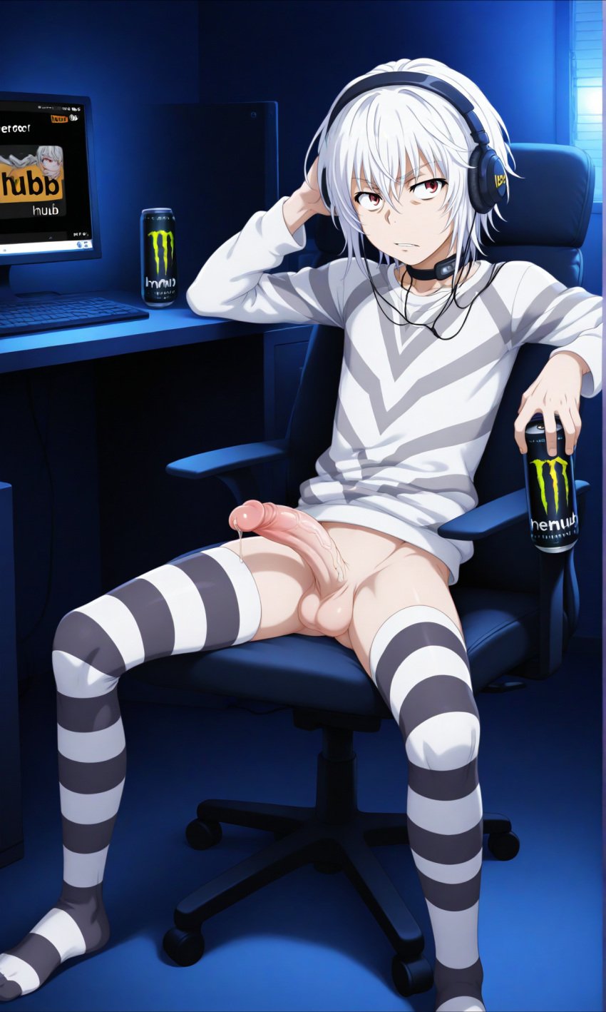 1boy accelerator ai_generated chair computer computer_monitor dark_room energy_drink erection headphones legwear male male_only monster_energy otoko_no_ko otokonoko penis precum red_eyes room shirt short_hair sitting sitting_on_chair solo solo_male stockings striped_legwear striped_stockings striped_thighhighs testicles thighhighs to_aru_kagaku_no_railgun to_aru_majutsu_no_index veiny_penis white_hair