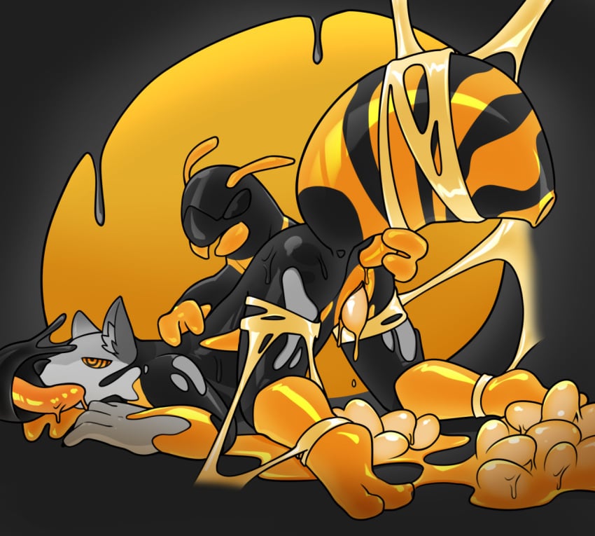 2020 anthro arthropod bee black_background black_body canid canine canis egg egg_laying fur goo_transformation grey_body grey_fur hacony hymenopteran hypnotic_eyes insects male mammal orange_body simple_background transformation wolf