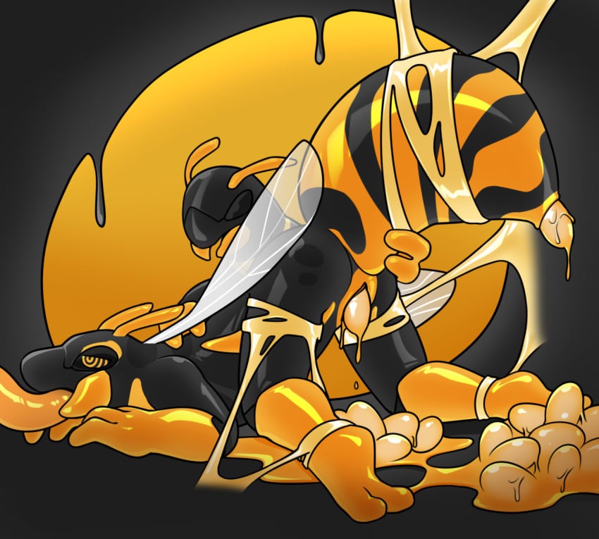 2020 after_transformation anthro arthropod bee black_background black_body egg feet goo_creature hacony hymenopteran hypnotic_eyes insects male oral oral_penetration orange_body penetration simple_background tentacle tentacle_in_mouth tentacle_penetration