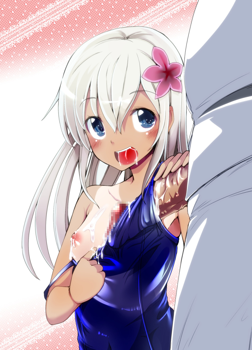 1boy admiral_(kantai_collection) blue_eyes blush breasts censored clothes_penetration clothesjob cum cum_in_mouth cum_on_body cum_on_breasts cum_on_upper_body female flower frottage hair_flower hair_ornament highres kantai_collection nipples outercourse penis ro-500_(kantai_collection) small_breasts strap_slip swimsuit swimsuit_pull takara_akihito tan tanline white_hair