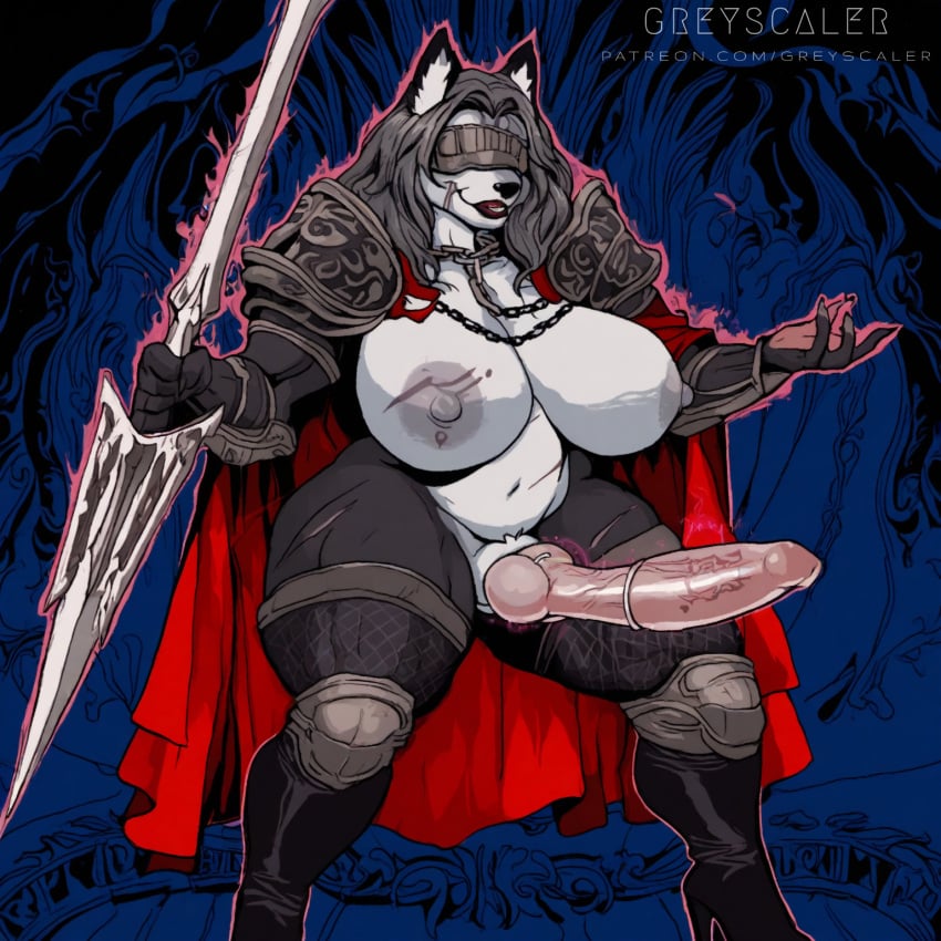 ai_assisted ai_generated alternate_version anthro anthro_only areolae barbed_penis breasts capelet dark_magic energy erect_penis erection fantasy furry furry_only futa_only futanari greyscaler holding_weapon huge_breasts knot knotted_penis large_penis magic magic_user medial_ring nipples pauldrons penis_markings pixel_art scars scars_all_over smile solo solo_futa spear tagme thick_penis thick_thighs tribal tribal_markings tribal_tattoo white_fur wolf_girl