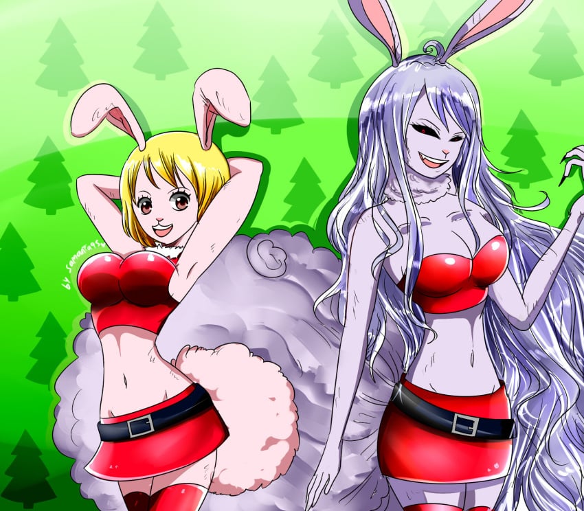 ahoge belt big_breasts black_eyes bob_cut brown_eyes bunny_girl carrot_(one_piece) christmas gray_hair huge_breasts long_hair navel one_piece purple_hair rabbit rabbit_ears rabbit_girl rabbit_humanoid rabbit_tail red_skin samanta95 santa_costume smile thighs yellow_hair